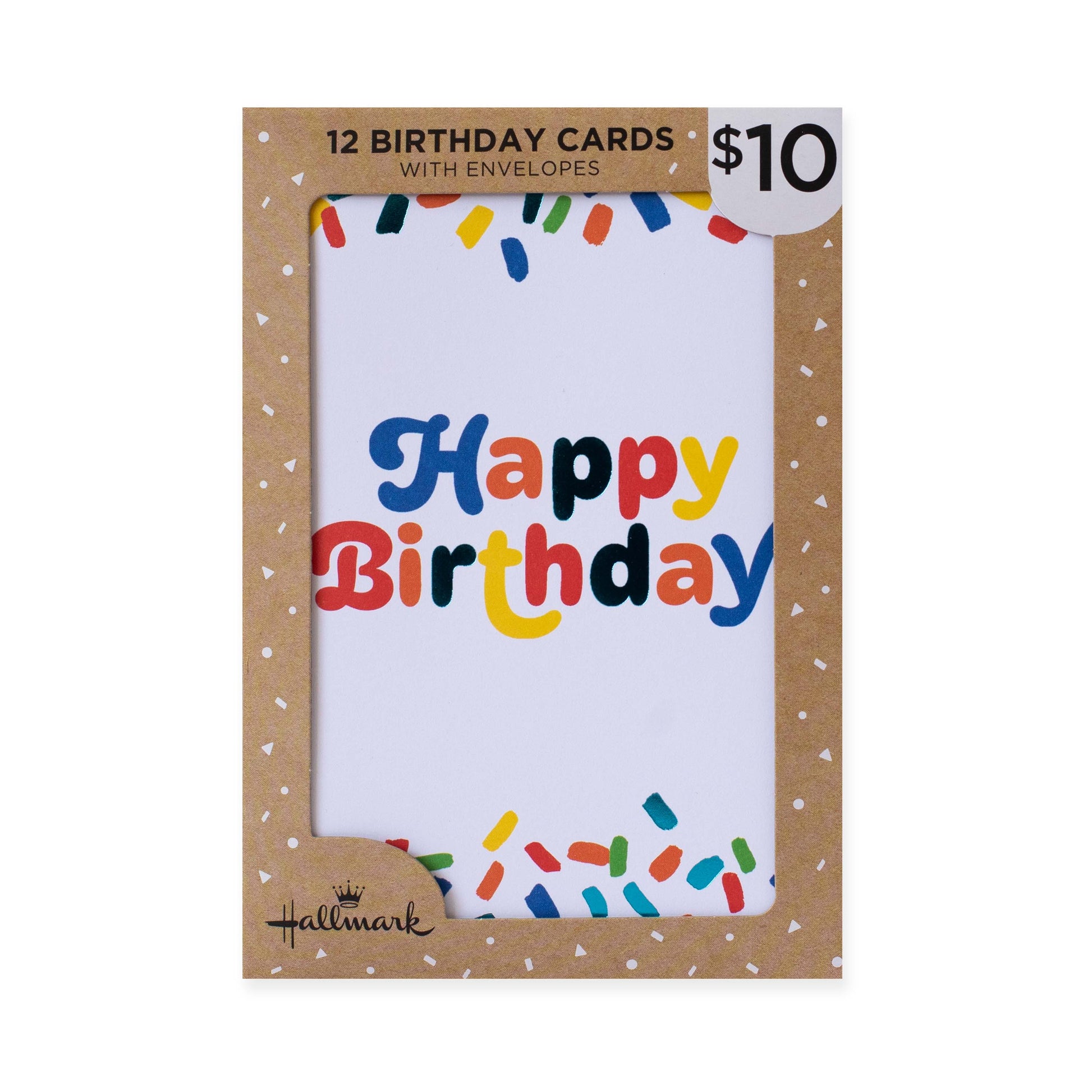 Hallmark 12 pack birthday cards - cheerful & bright in colourful design with sprinkles and packaging visible