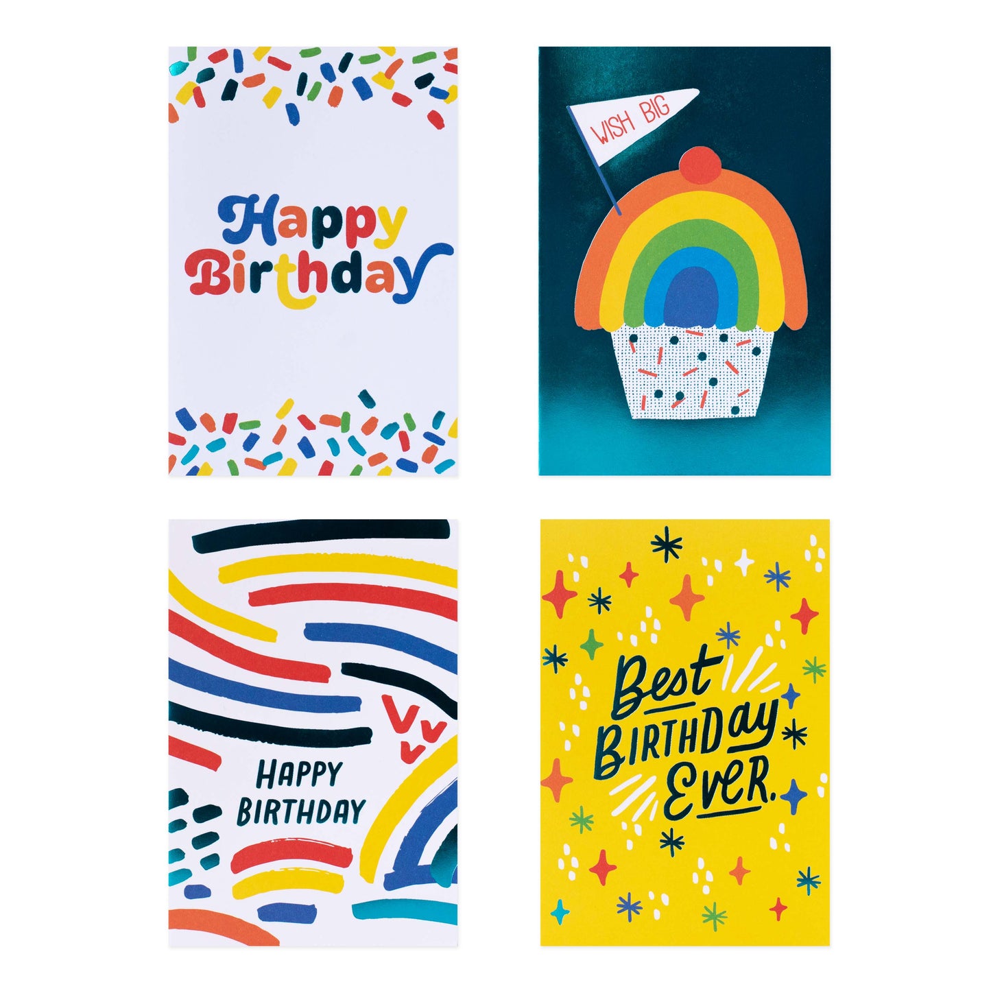 Hallmark 12 Pack Birthday Cards - Cheerful & Bright showcasing four colourful designs with festive messages and bright graphics.