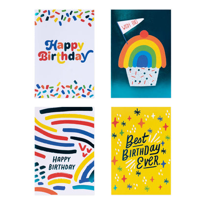 Hallmark 12 Pack Birthday Cards - Cheerful & Bright showcasing four colourful designs with festive messages and bright graphics.