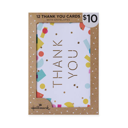 Hallmark 12 pack thank you cards - colours & shapes with colourful geometric designs, packaged in a decorative box.