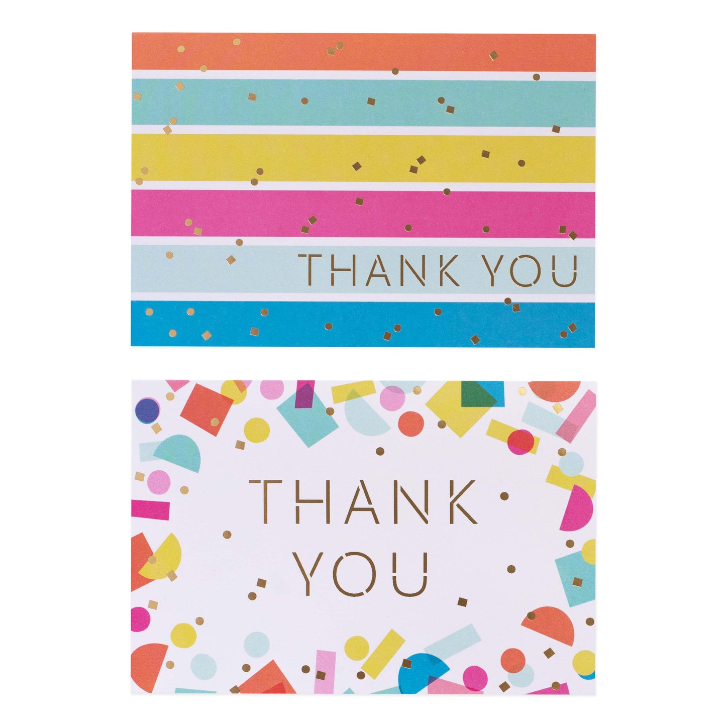 Hallmark 12 Pack Thank You Cards - Colours & Shapes in vibrant designs with gold foil, displaying two card styles on a flat lay.