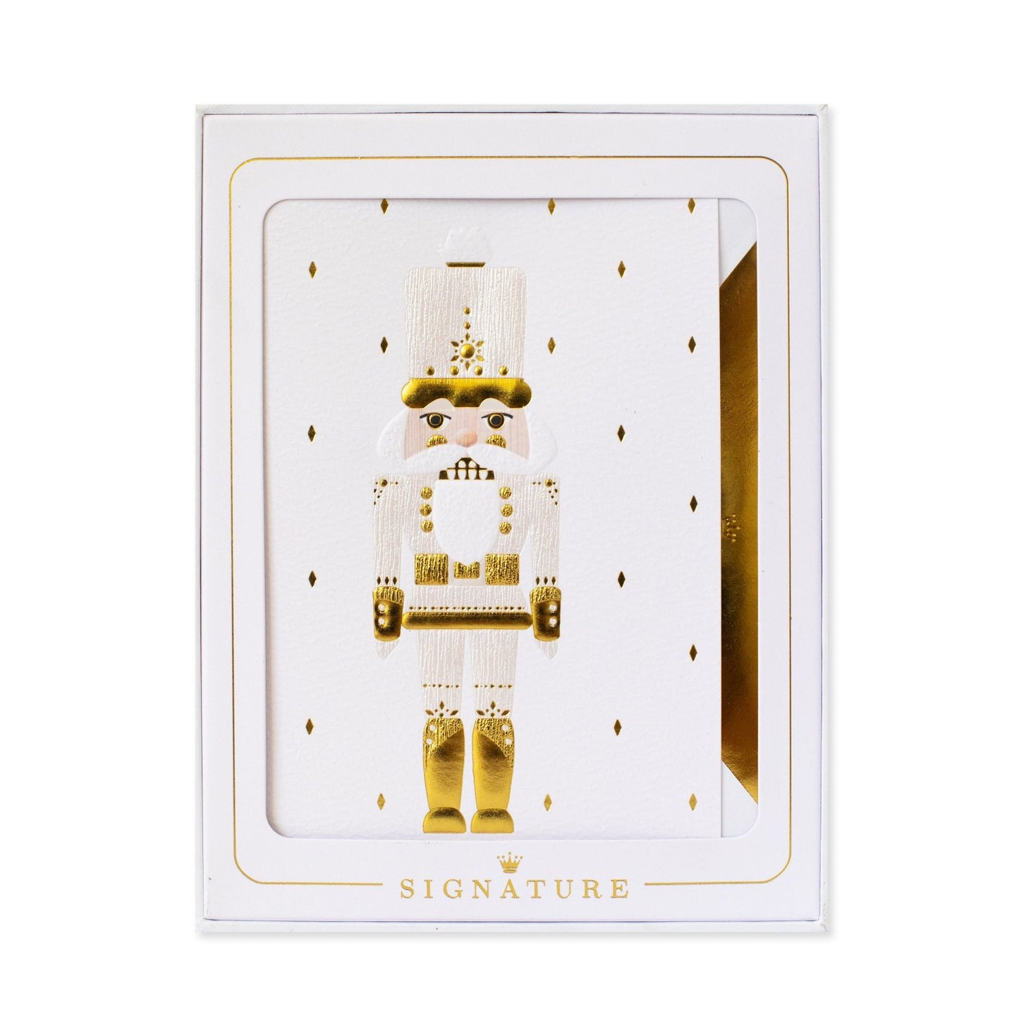 Hallmark Signature 8 Pack Boxed Charity Christmas Cards - Nutcracker, gold-accented design, festive packaging, close up view.