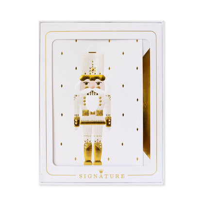 Hallmark Signature 8 Pack Boxed Charity Christmas Cards - Nutcracker, gold-accented design, festive packaging, close up view.