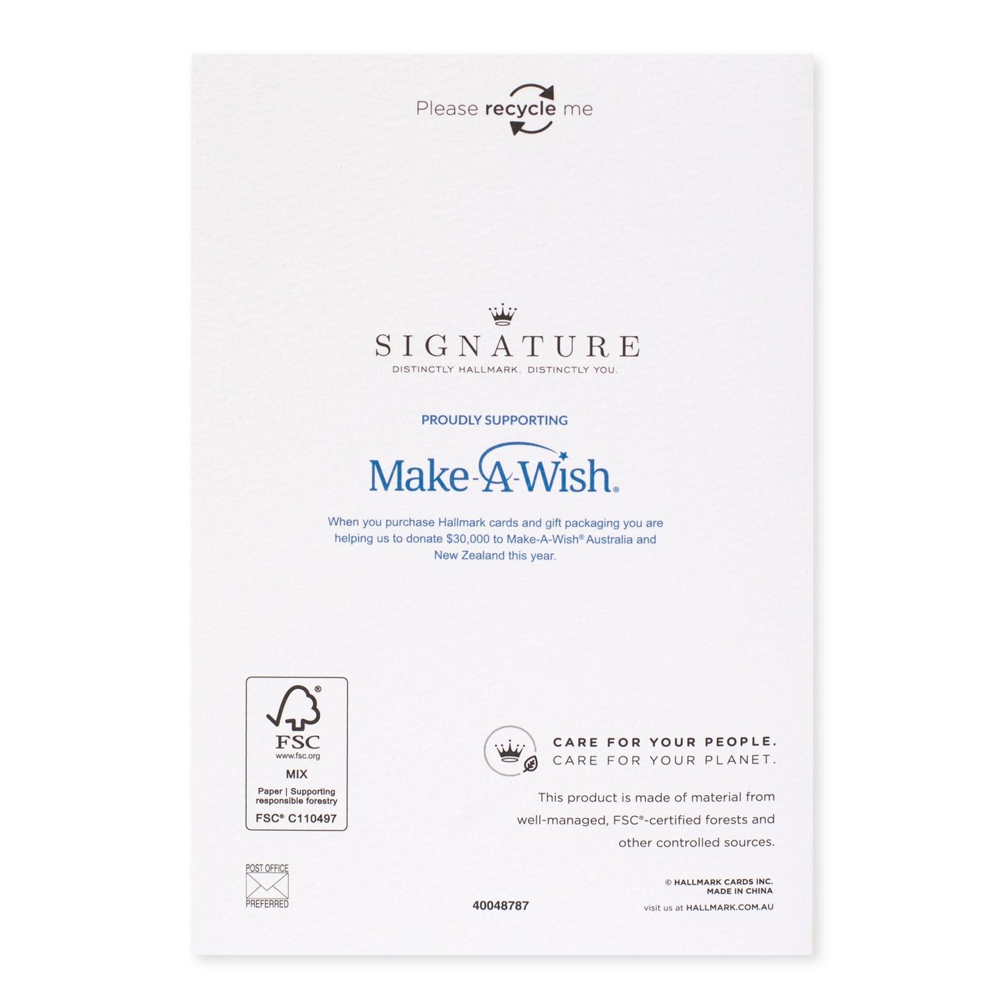 Hallmark Signature 8 Pack Boxed Charity Christmas Cards - Nutcracker, back view, featuring Make-A-Wish support and recycling information.