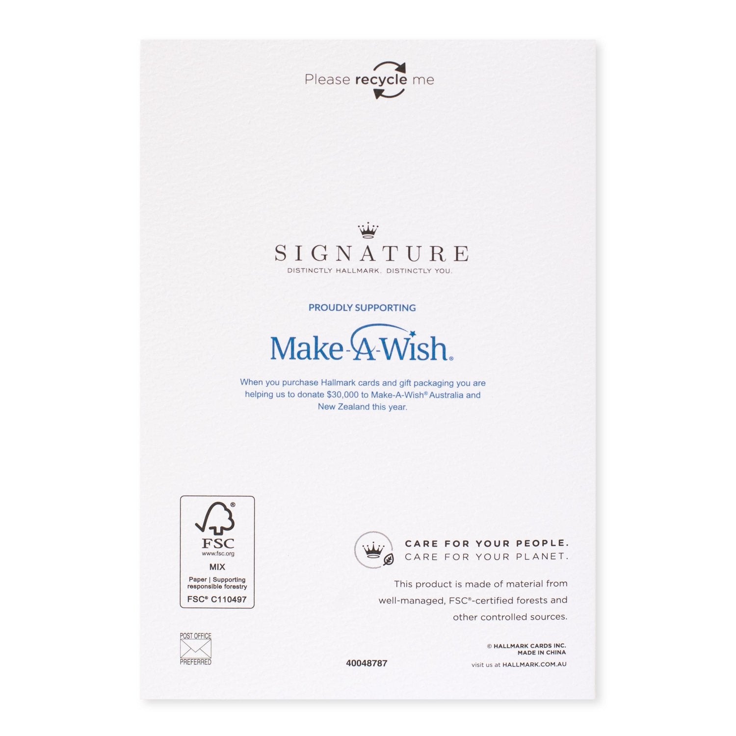 Hallmark Signature 8 Pack Boxed Charity Christmas Cards - Nutcracker, back view, featuring Make-A-Wish support and recycling information.