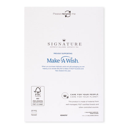 Hallmark Signature 8 Pack Boxed Charity Christmas Cards - Nutcracker, back view, featuring Make-A-Wish support and recycling information.