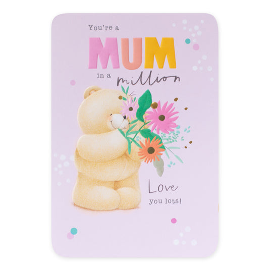 Hallmark Forever Friends Birthday Card for Mum - Love You Lots featuring a cute bear holding flowers on a pastel background.