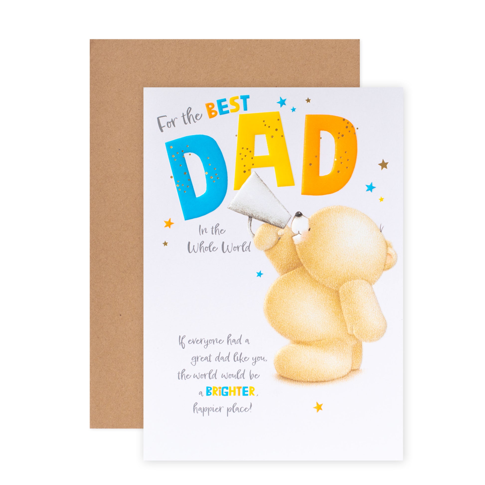 Hallmark Forever Friends Birthday Card for Dad - The Best with colourful text and a bear illustration, flat lay view on brown envelope.