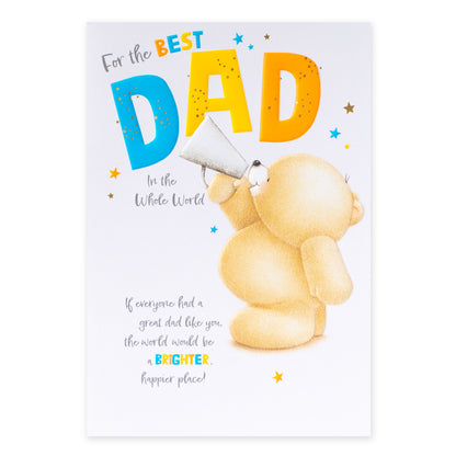 Hallmark Forever Friends Birthday Card for Dad - The Best, featuring a cheerful bear with a megaphone, bright colours, and embossed details.