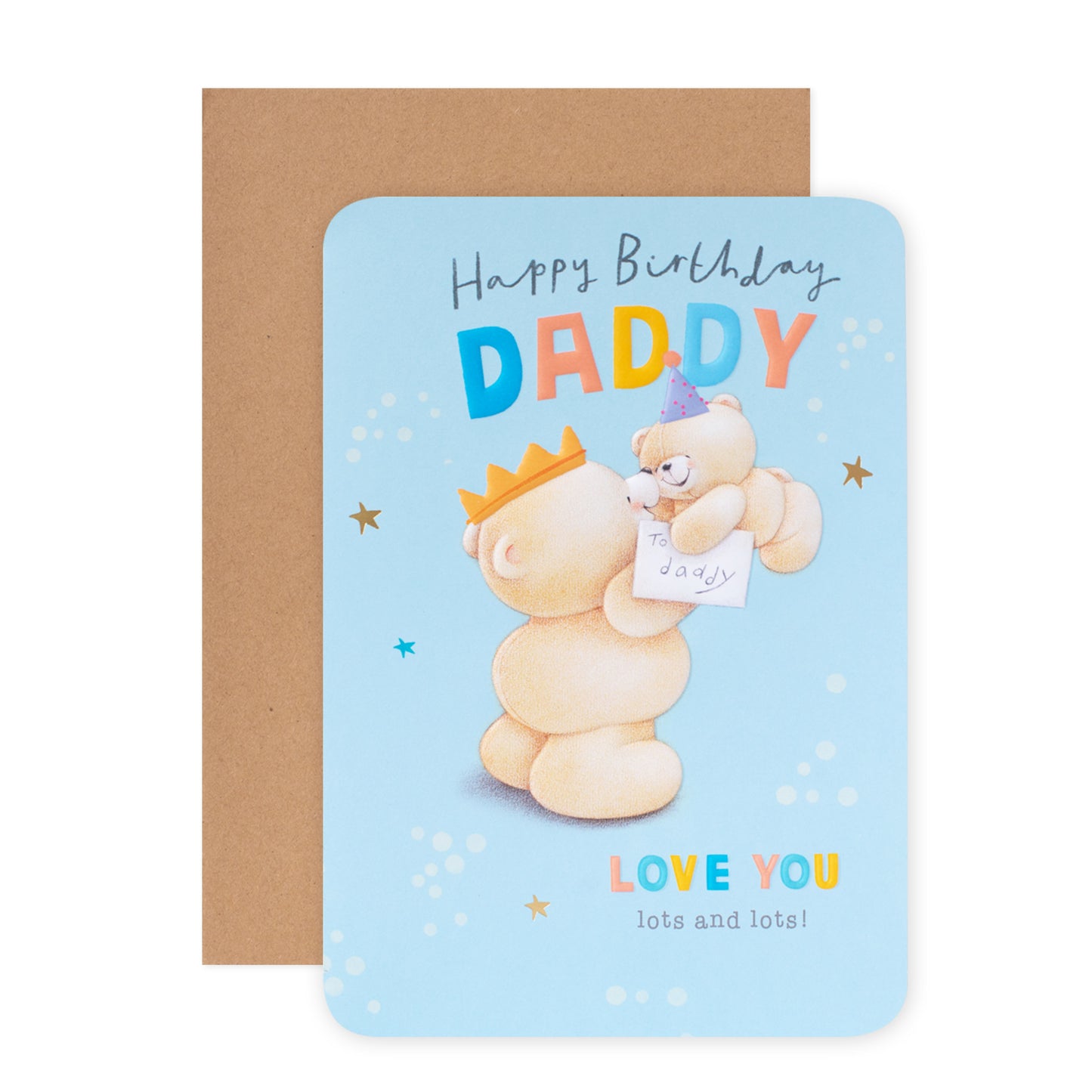 Hallmark Forever Friends Birthday Card for Daddy - Love You, colourful card featuring a bear with a party hat and a cub, flat lay design.