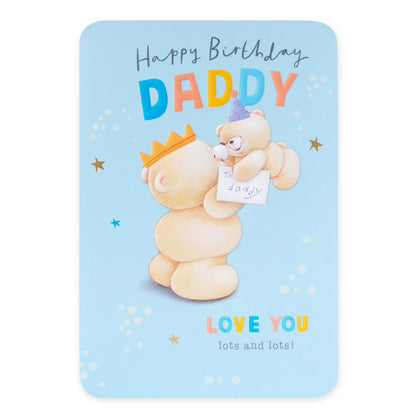 Hallmark Forever Friends Birthday Card for Daddy - Love You featuring an illustration of father bear and cub with party hats on a blue background.