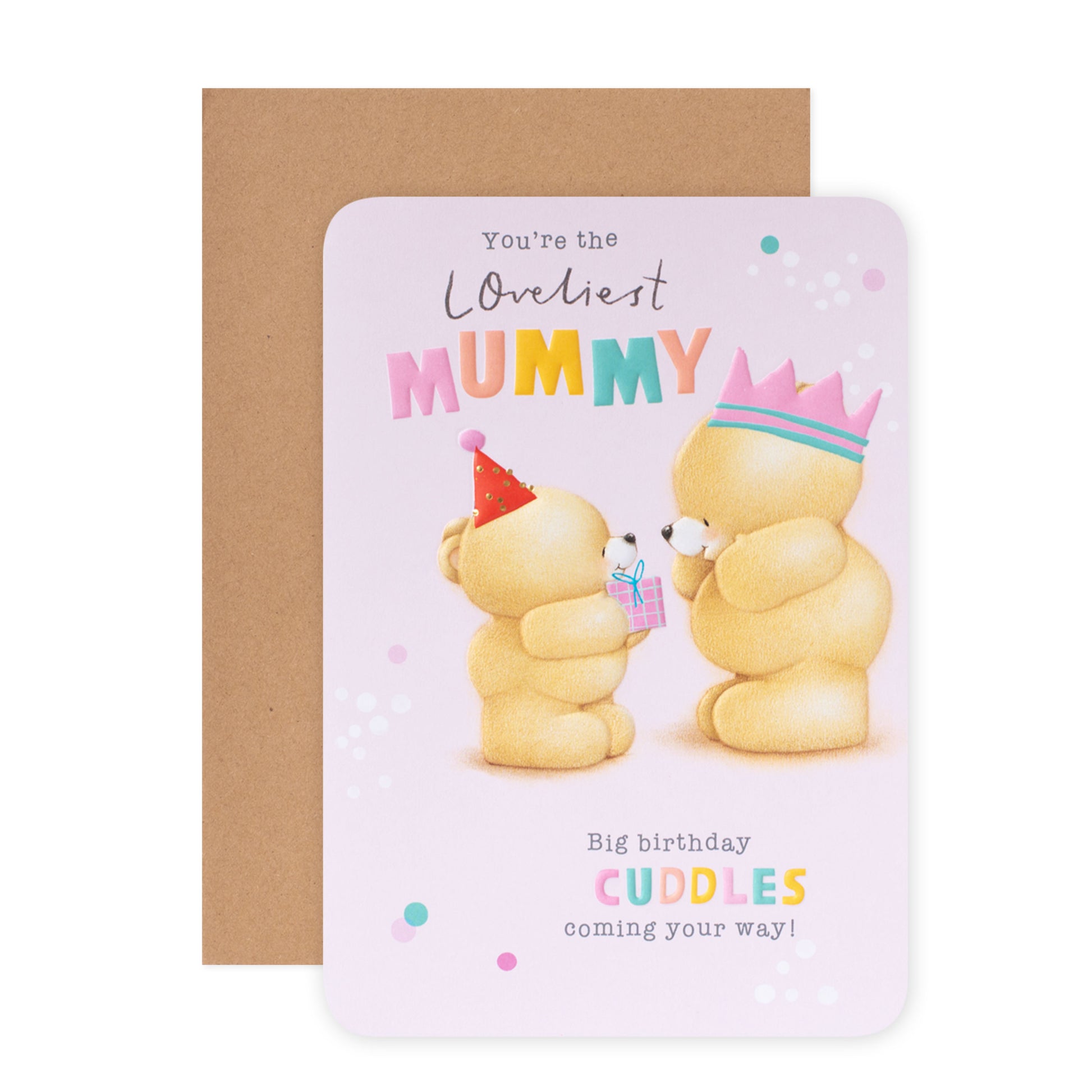 Hallmark Forever Friends birthday card for Mummy - Big Cuddles featuring two bears, one with a party hat and gift.