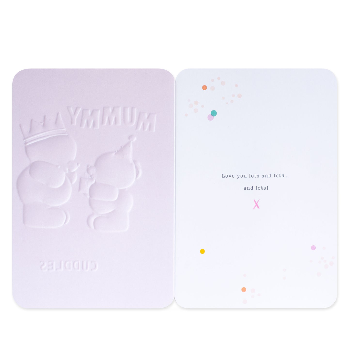 Hallmark Forever Friends birthday card for Mummy - Big Cuddles, showing embossed front and interior message, flat lay view.