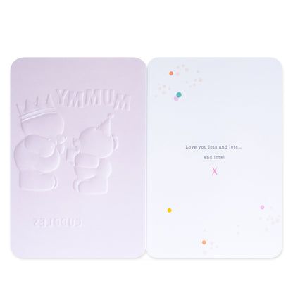 Hallmark Forever Friends birthday card for Mummy - Big Cuddles, showing embossed front and interior message, flat lay view.