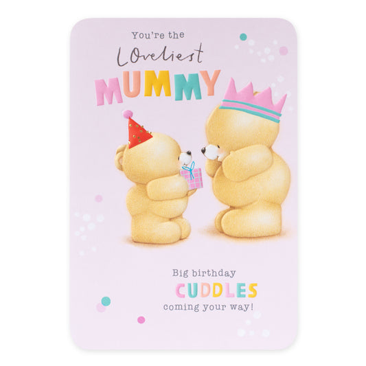 Hallmark Forever Friends birthday card for Mummy - Big Cuddles, featuring adorable bears with birthday hats and gift illustration.