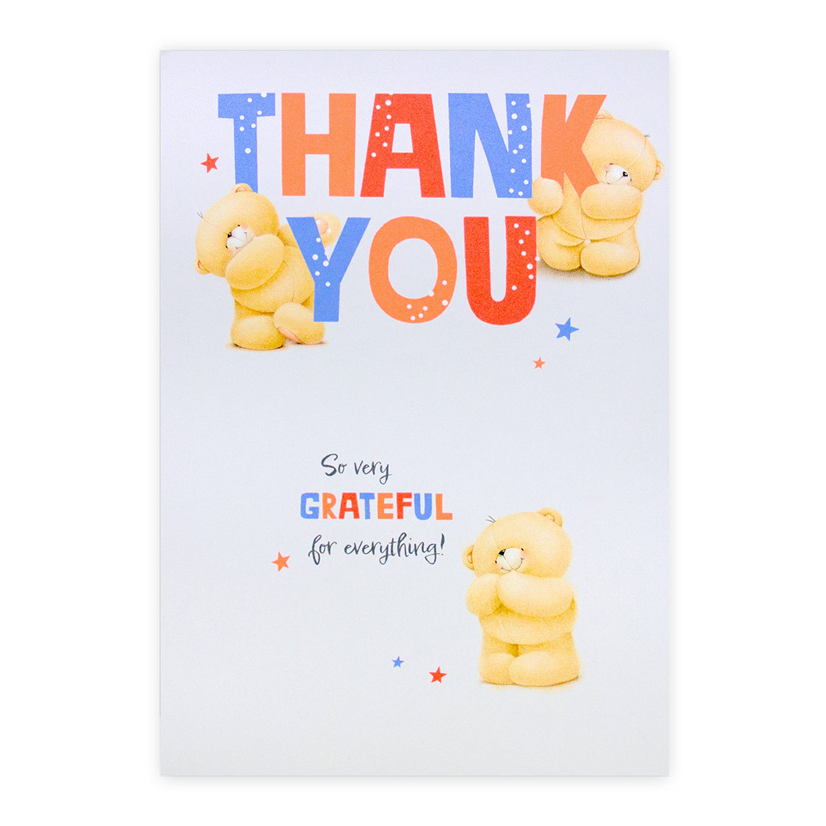 Hallmark Forever Friends Thank You Card - So Very Grateful featuring cheerful bears and vibrant lettering, flat lay perspective.