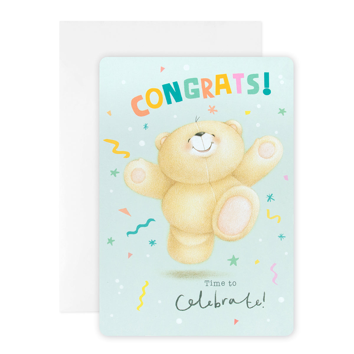 Hallmark Forever Friends congratulations card - Time to Celebrate! features a cheerful bear illustration with confetti details.