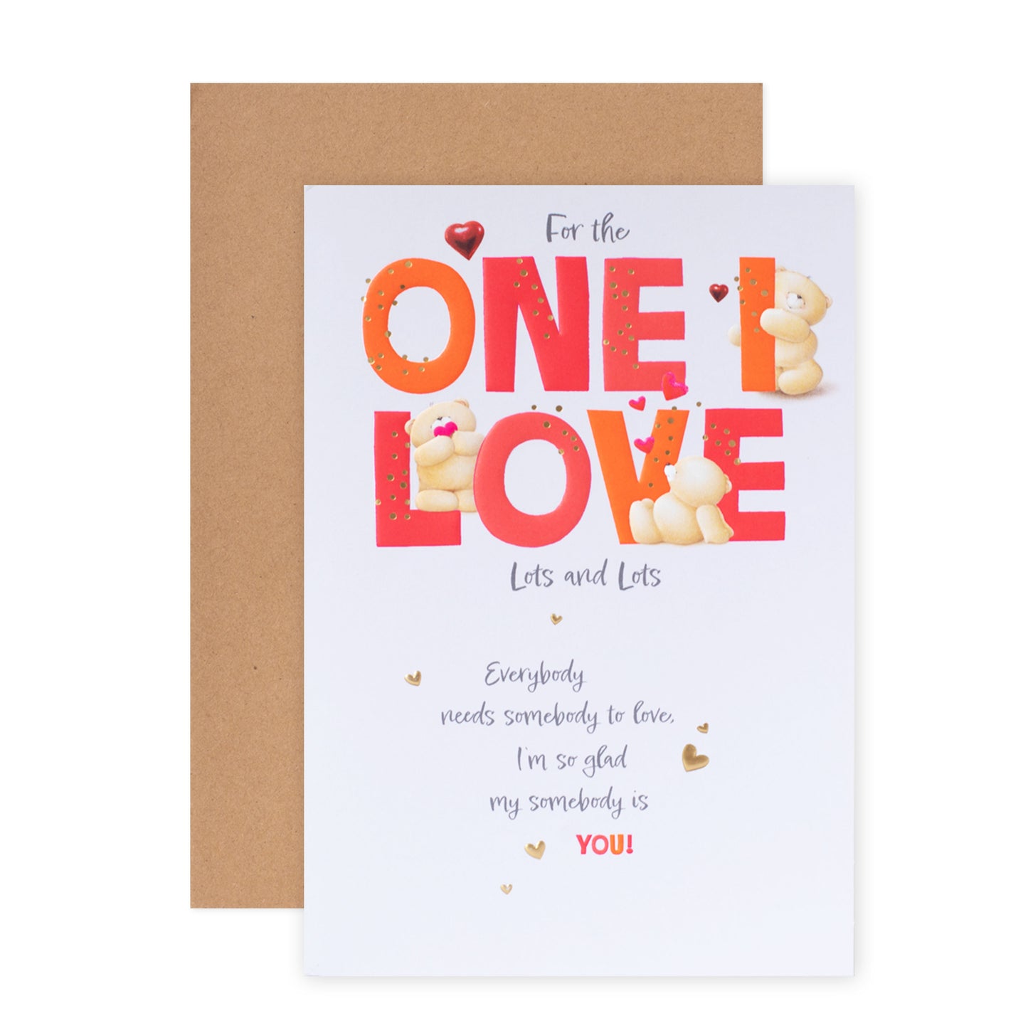 Hallmark Forever Friends birthday card - One I Love with embossed lettering and cute bear illustrations in a flat lay arrangement.