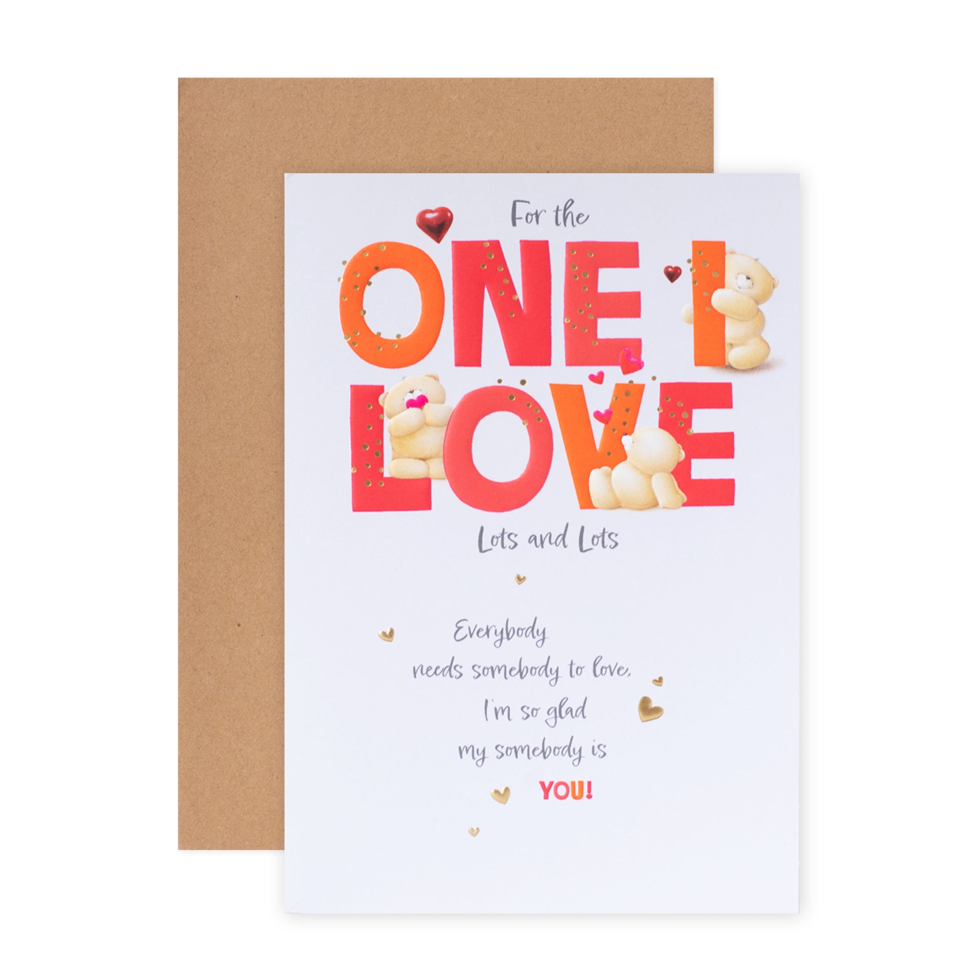 Hallmark Forever Friends birthday card - One I Love with embossed lettering and cute bear illustrations in a flat lay arrangement.