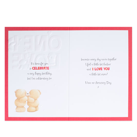 Hallmark Forever Friends Birthday Card - One I Love, inside view with embossed text and cute bear illustration details, vibrant red accents.