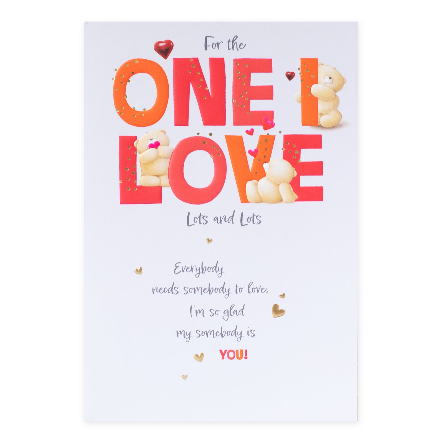 Hallmark Forever Friends Birthday Card - One I Love featuring embossed lettering and Forever Friends bears illustration, close up view.