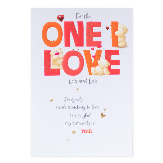 Hallmark Forever Friends Birthday Card - One I Love featuring embossed lettering and Forever Friends bears illustration, close up view.