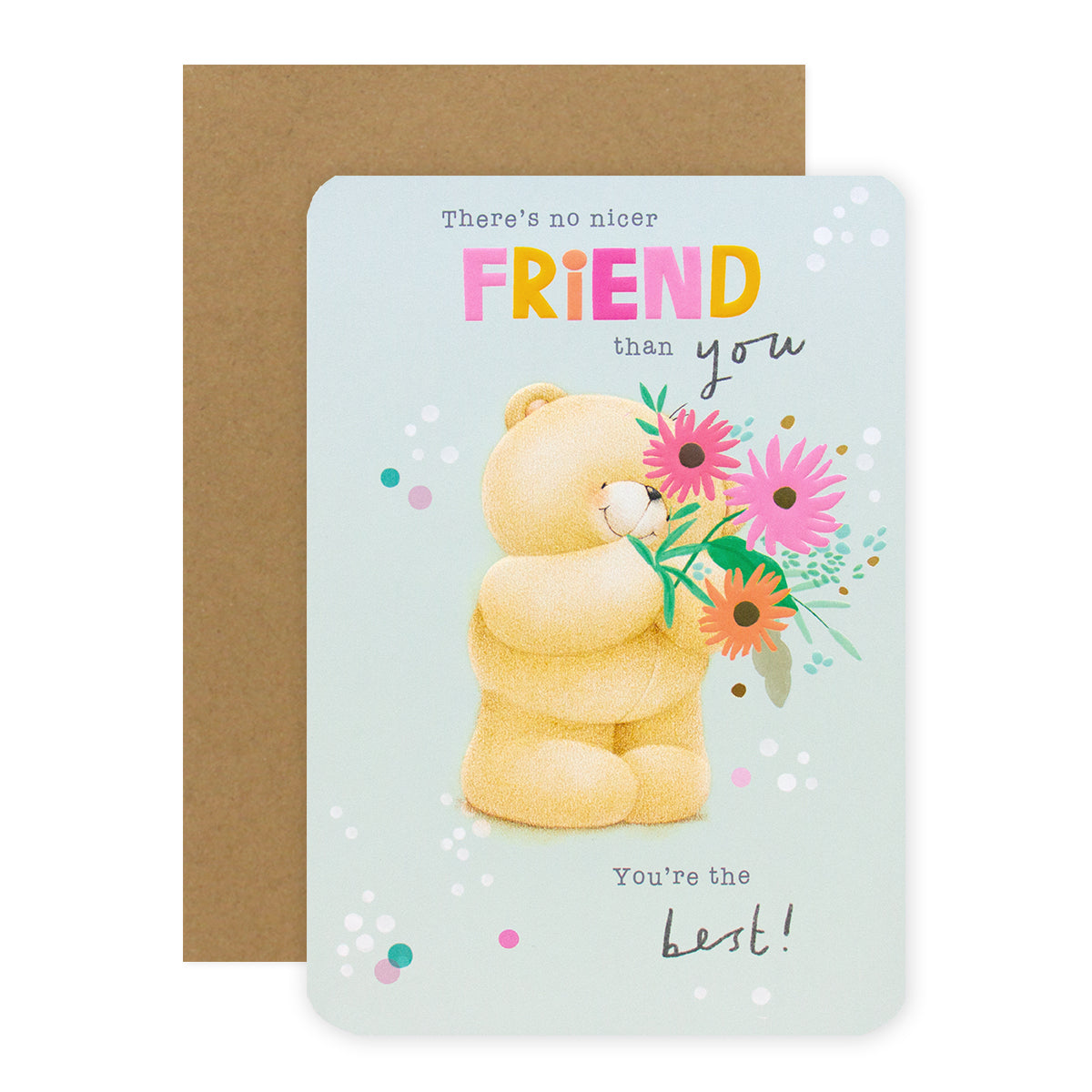 Hallmark Forever Friends Birthday Card For Friend - The Best! with a bear holding flowers on a pastel background, featuring embossed elements and gold foil.