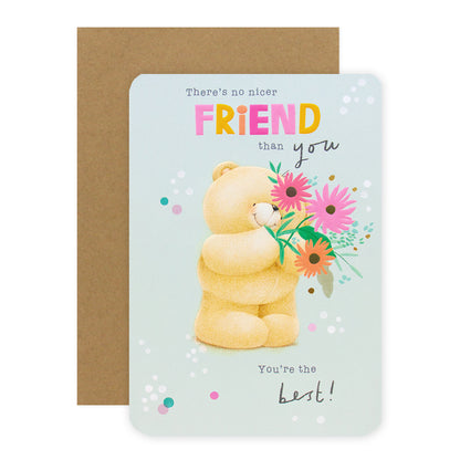 Hallmark Forever Friends Birthday Card For Friend - The Best! with a bear holding flowers on a pastel background, featuring embossed elements and gold foil.