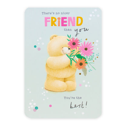 Hallmark Forever Friends Birthday Card For Friend - The Best! with a bear holding flowers and colourful dots in background.