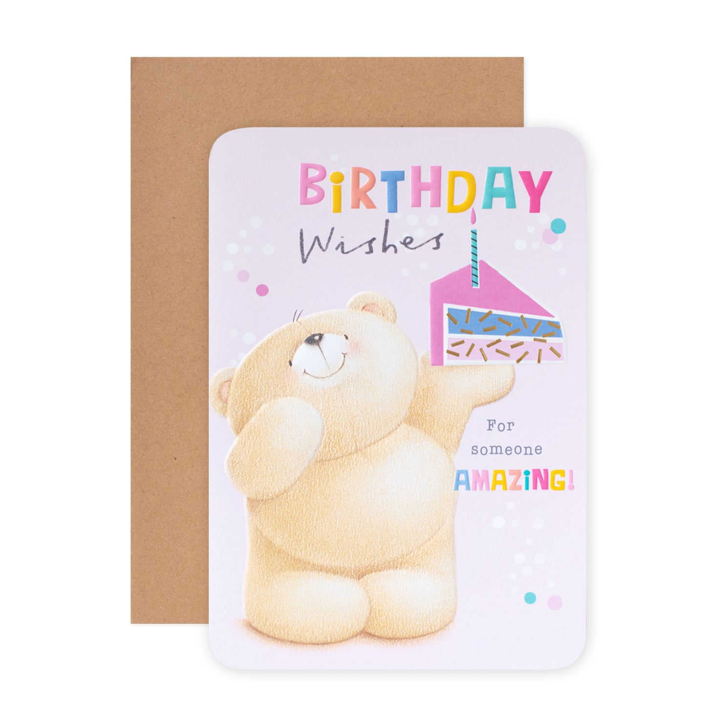 Hallmark Forever Friends Birthday Card - Someone Amazing! featuring a cute bear with birthday cake illustration and colourful design.
