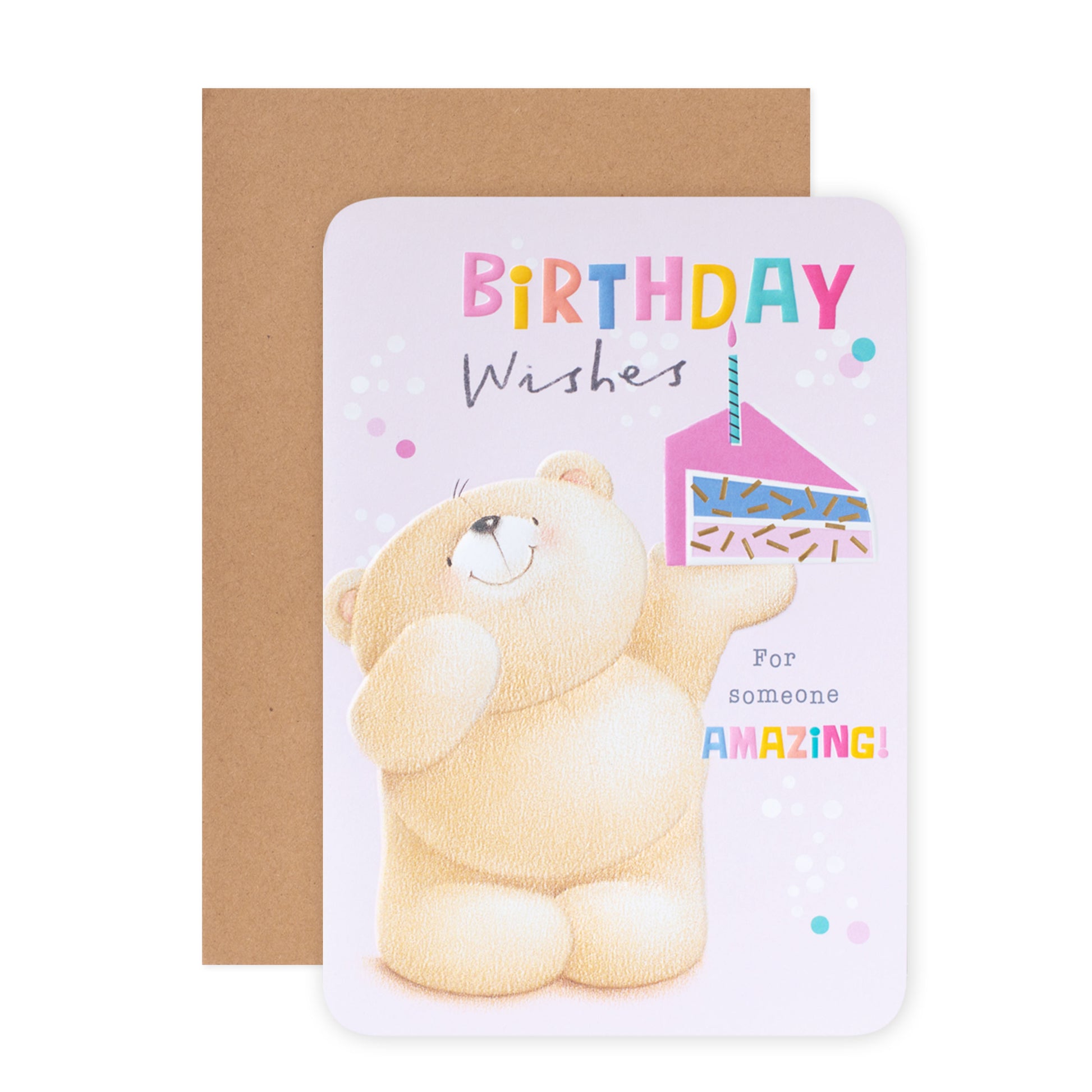 Hallmark Forever Friends Birthday Card - Someone Amazing! featuring a cute bear with birthday cake illustration and colourful design.