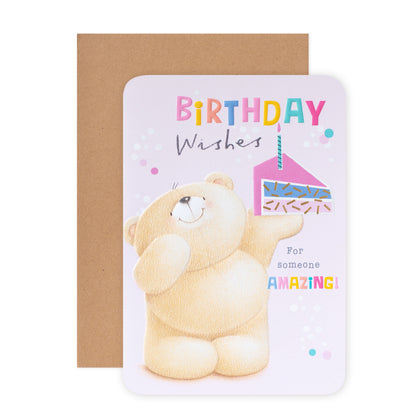Hallmark Forever Friends Birthday Card - Someone Amazing! featuring a cute bear with birthday cake illustration and colourful design.