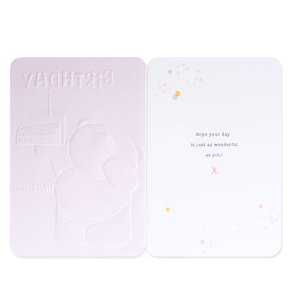 Hallmark Forever Friends Birthday Card - Someone Amazing! with embossed bear and birthday cake on front, colourful illustrated inside.