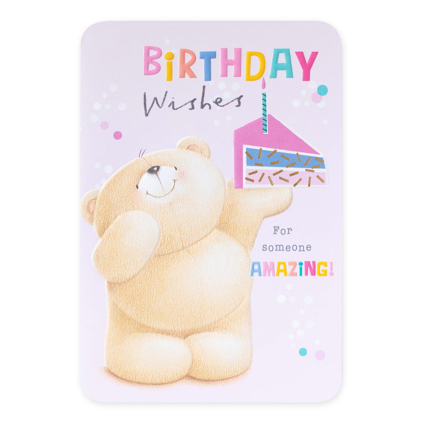 Hallmark Forever Friends Birthday Card - Someone Amazing! featuring a cheerful bear holding birthday cake and colourful text.