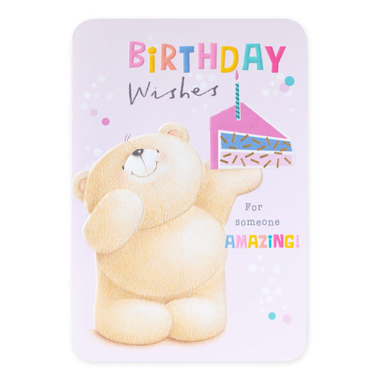 Hallmark Forever Friends Birthday Card - Someone Amazing! featuring a cheerful bear holding birthday cake and colourful text.