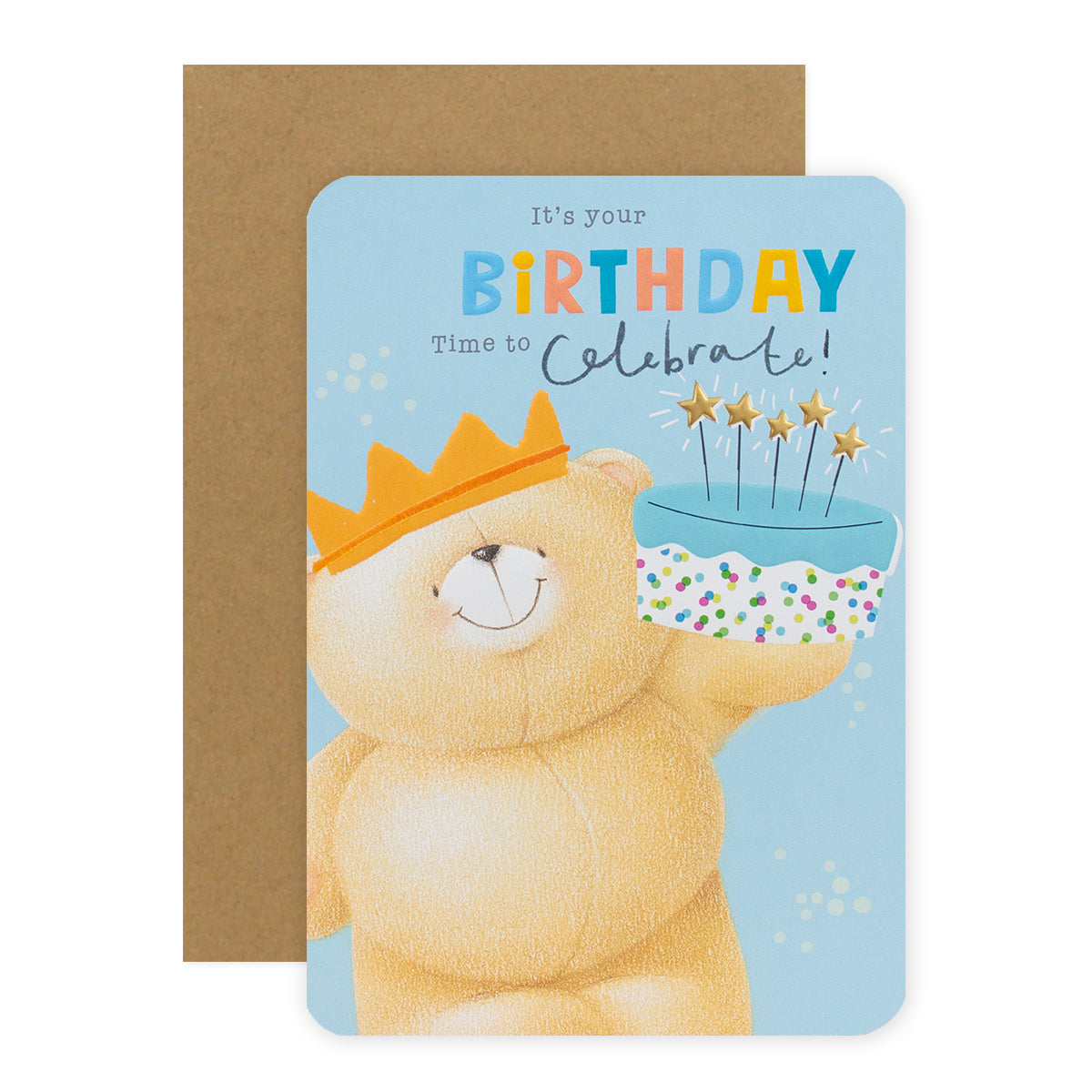 Hallmark Forever Friends Birthday Card - Time To Celebrate with a bear illustration, birthday cake, and embossed details, flat lay view.