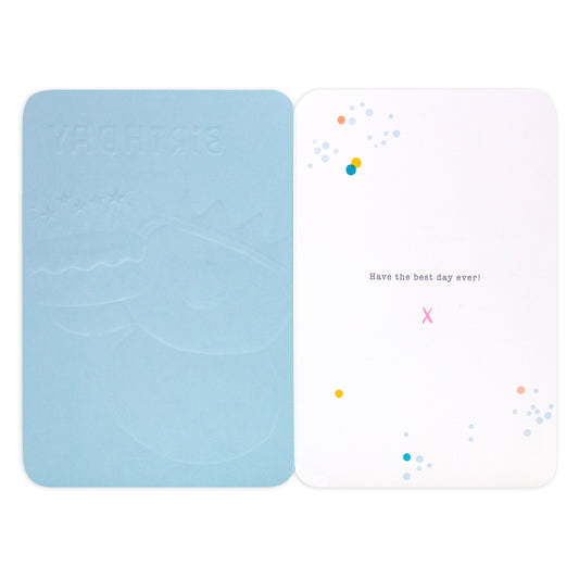 Hallmark Forever Friends Birthday Card - Time To Celebrate, open view with embossed birthday design and colourful inside message.