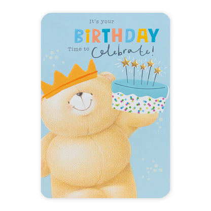 Hallmark Forever Friends Birthday Card - Time To Celebrate featuring a happy bear with a birthday cake, embossed details and bright colours.