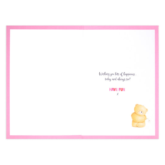 Hallmark Forever Friends Birthday Card - The Loveliest Day, inside view showing a message and a cute bear illustration.