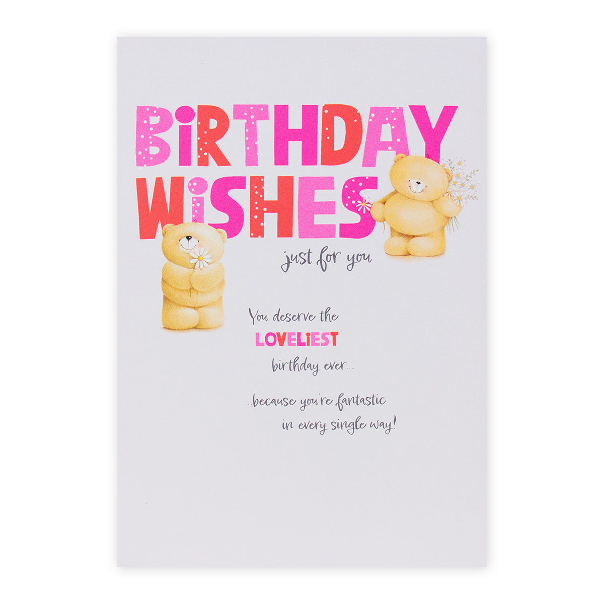 Hallmark Forever Friends birthday card - The Loveliest Day featuring colourful typography and cheerful bear illustrations.