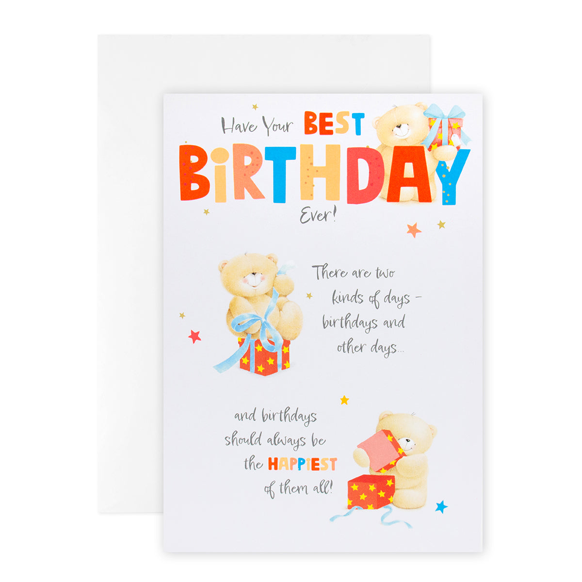 Hallmark Forever Friends Birthday Card - Best Ever! featuring adorable bears beside colourful gifts and cheerful message design.