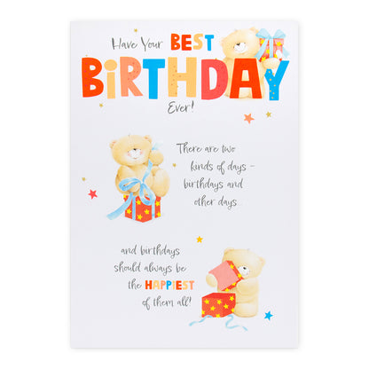Hallmark Forever Friends birthday card - Best Ever! features cheerful bears, bright colours, and playful gift illustrations.