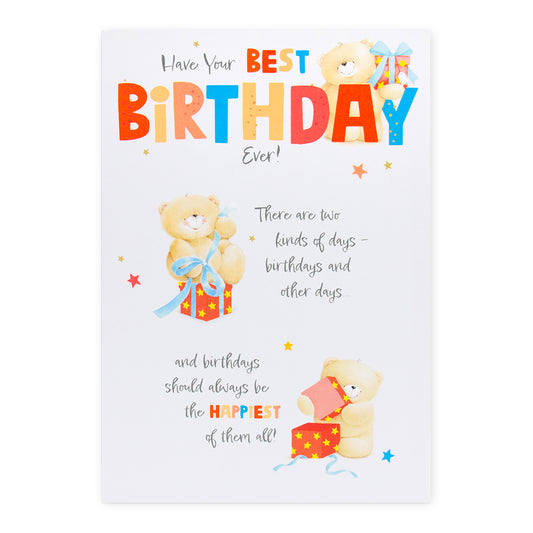 Hallmark Forever Friends birthday card - Best Ever! features cheerful bears, bright colours, and playful gift illustrations.