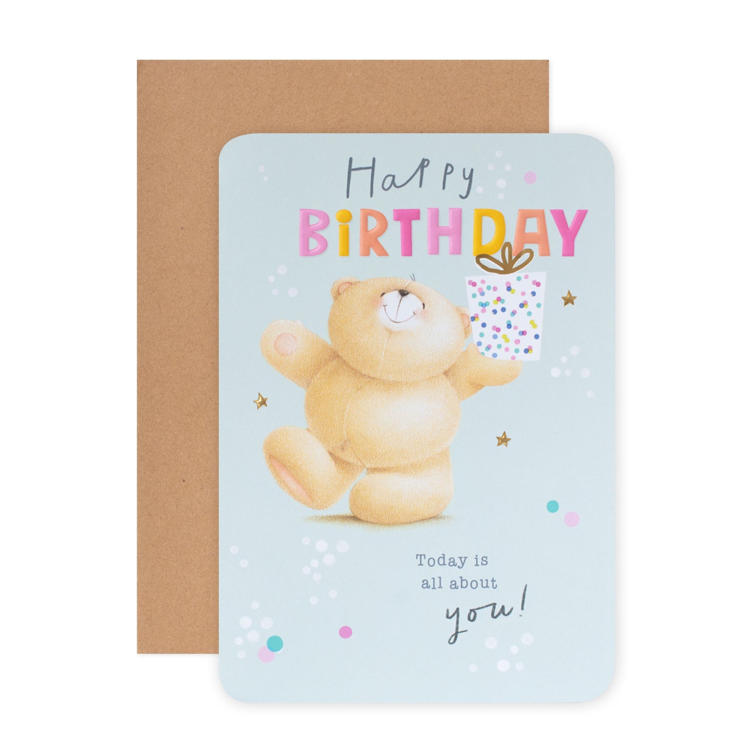 Hallmark Forever Friends Birthday Card - All About You featuring a bear holding a gift, embossed details, and colourful spots.