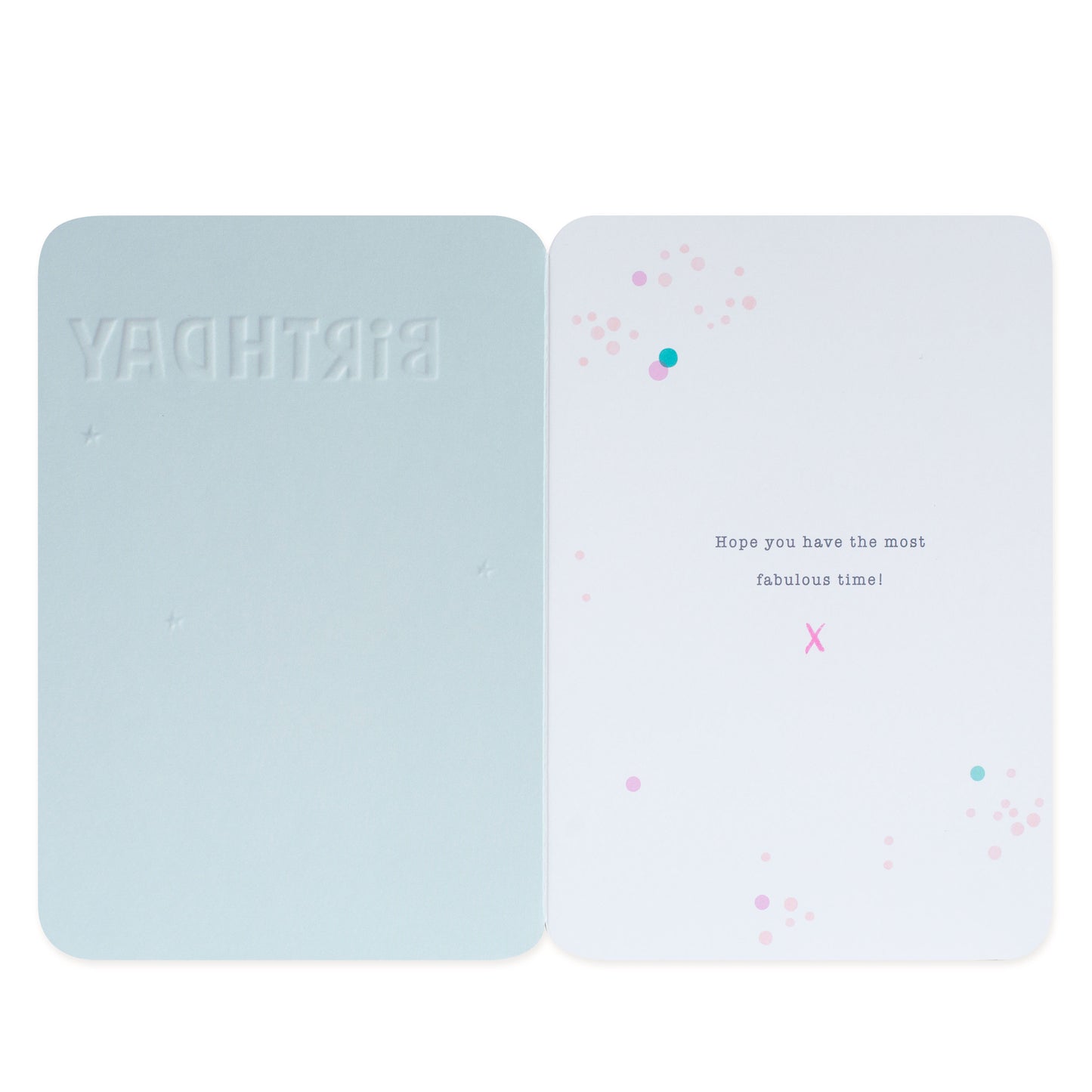 Hallmark Forever Friends Birthday Card - All About You, inside view, embossed birthday message with colourful spots, flat lay