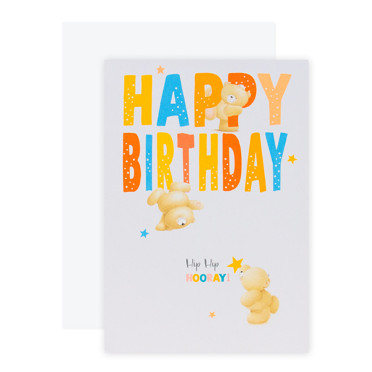 Hallmark Forever Friends Birthday Card - Hip Hip HOORAY! features colourful letters and cheerful bear illustrations, facing front.