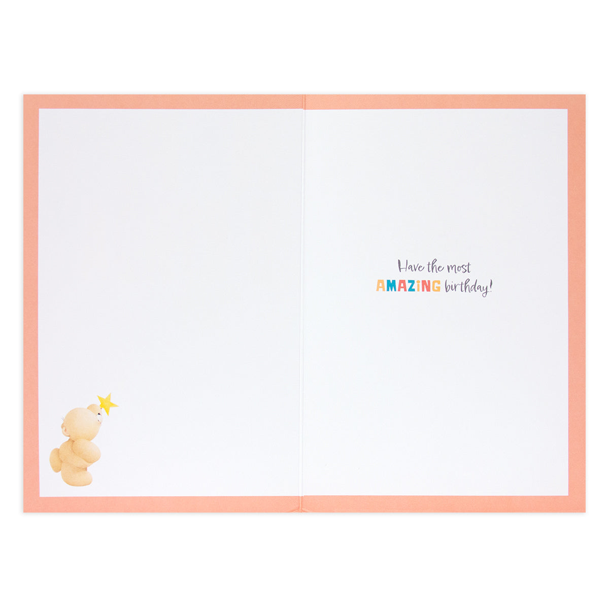 Hallmark Forever Friends birthday card - Hip Hip HOORAY! inside view with message: 'Have the most amazing birthday!' and bear illustration.