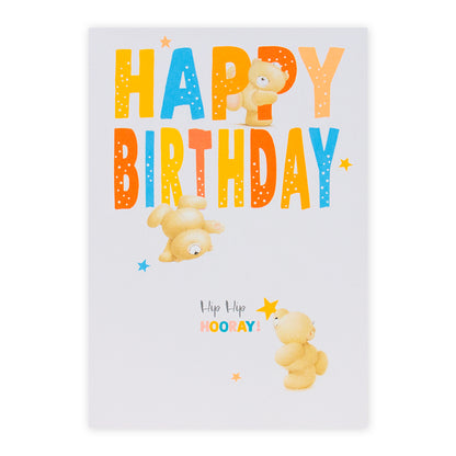 Hallmark Forever Friends Birthday Card - Hip Hip HOORAY! featuring cheerful bears, bright colours, and star illustrations in a flat lay view.
