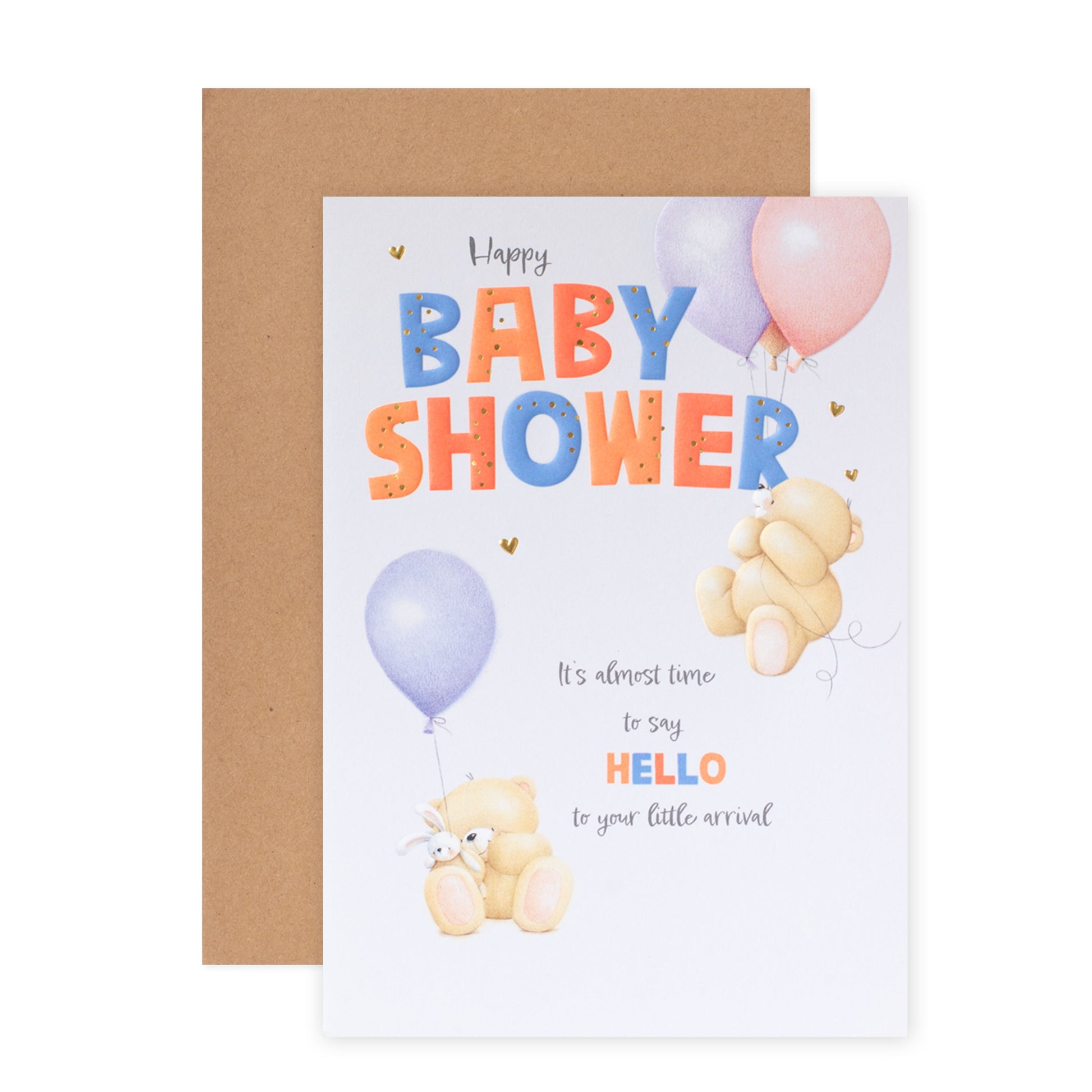 Hallmark Forever Friends Baby Shower Card - Little Arrival featuring colourful balloons and teddy bear illustration in flat lay view.