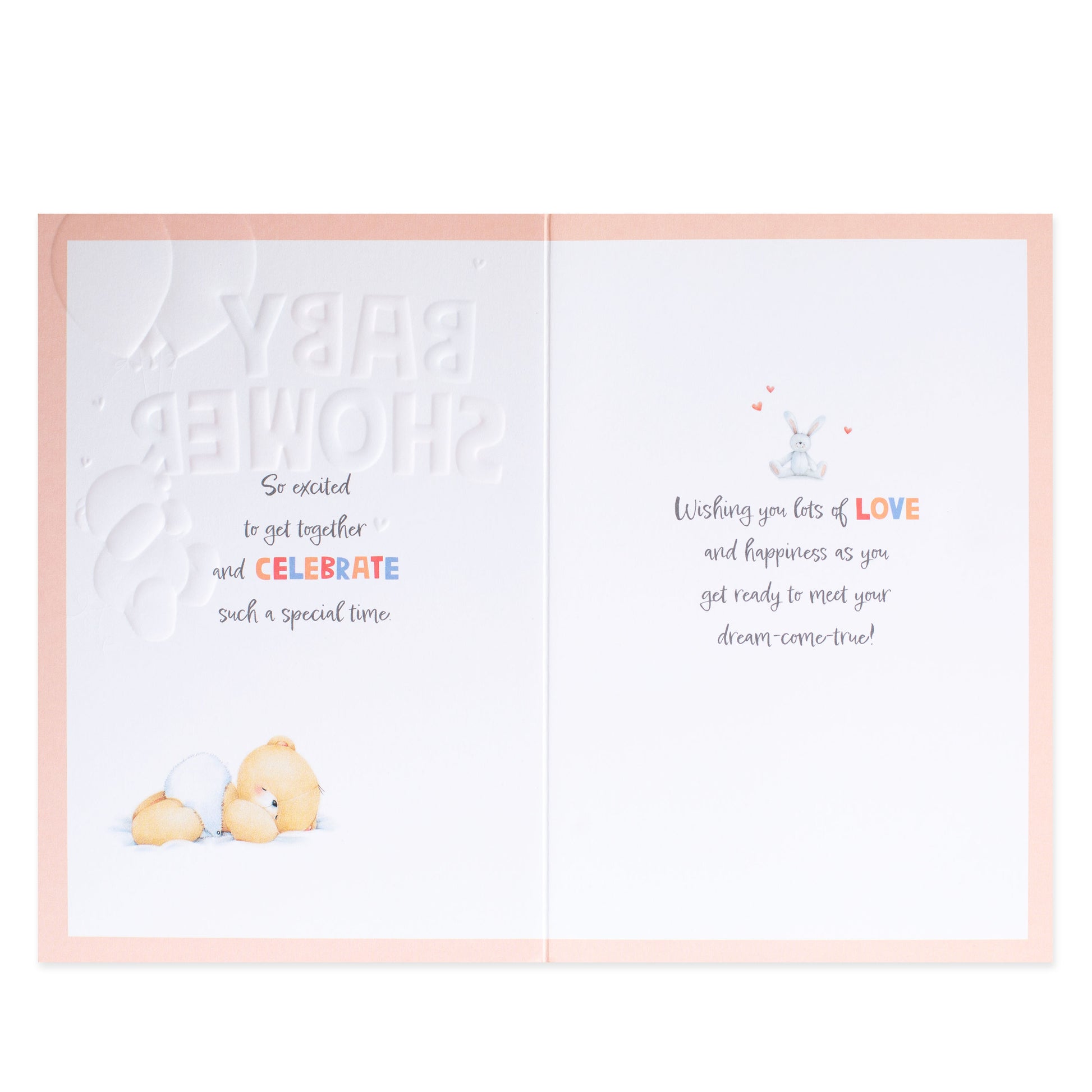 Hallmark Forever Friends Baby Shower Card - Little Arrival open view featuring embossed text and cute chick illustrations.